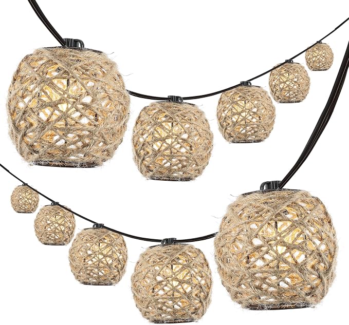 JONATHAN Y 10' 10-Light Rustic Coastal LED String Lights, Light Brown Hemp Rope Shaded Globe Lights for Indoor Outdoor Patio Porch, Bohemian Decor, LED Bulbs Included JYL8710A
