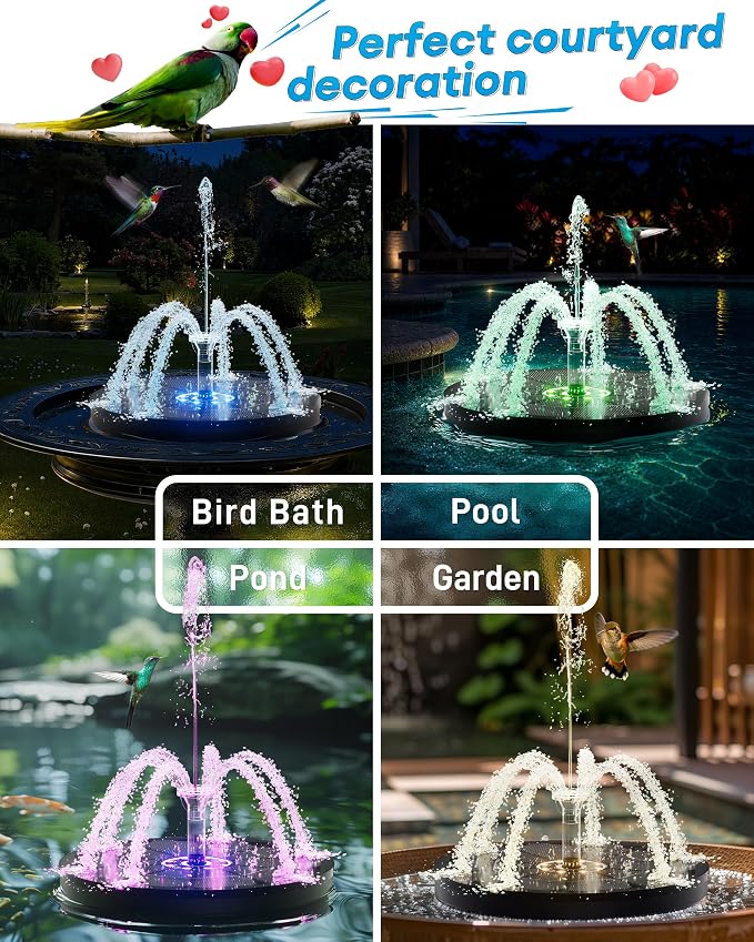 3.5W Solar Fountain,Upgraded 100% Glass Panel Solar Bird Bath Fountain with 2000mAh Battery,7 Color RGB LED Lights & 6 Nozzles,Solar Fountain for Bird Bath,Garden, Pond, Pool, Outdoor Decor(Black)