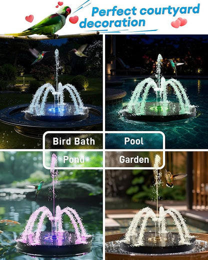 3.5W Solar Fountain,Upgraded 100% Glass Panel Solar Bird Bath Fountain with 2000mAh Battery,7 Color RGB LED Lights & 6 Nozzles,Solar Fountain for Bird Bath,Garden, Pond, Pool, Outdoor Decor(Black)