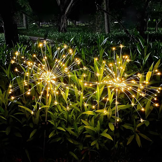 JJGoo Outdoor Solar Lights Firework, 2 Pack 120 LEDs Waterproof Solar Lights for Outside Garden Yard Pathway Fence - Warm White