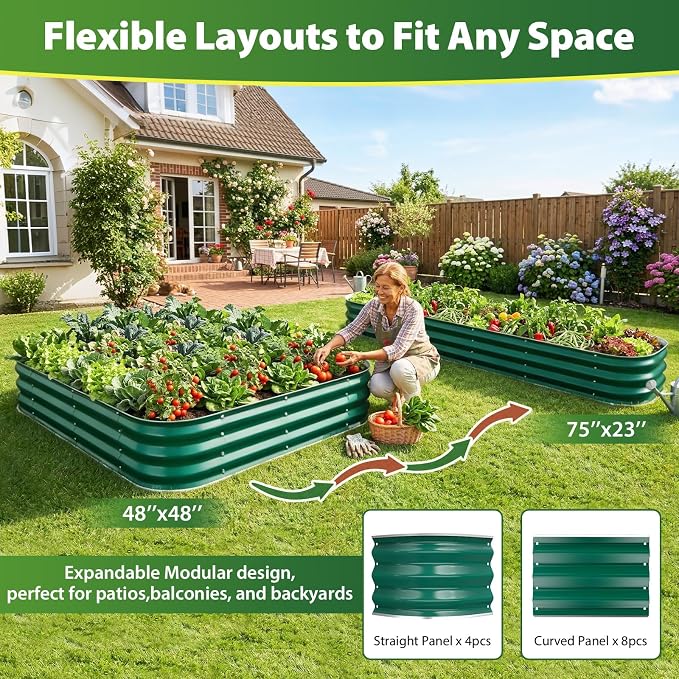 Square Galvanized Raised Garden Bed 4x4 ft – Easy Home Gardening Planter Box for Vegetables & Flowers,Herbs – 12" Heavy Duty Outdoor Gardening Bed with Easy Assembly (Green)