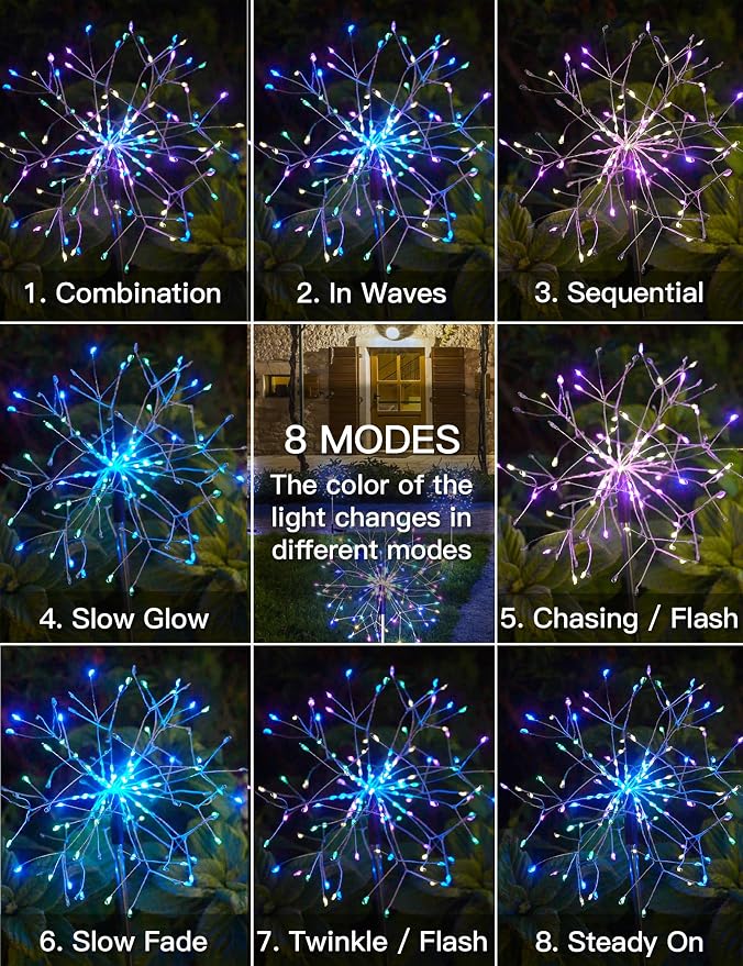 suddus Solar Garden Lights Outdoor Waterproof Decorative, 4Pack 150LED Multicolor Firework Lights 8 Modes, Solar Fairy Lights for Yard, Patio, Pathway, Balcony Planter Flowerbed Party Outside Decor