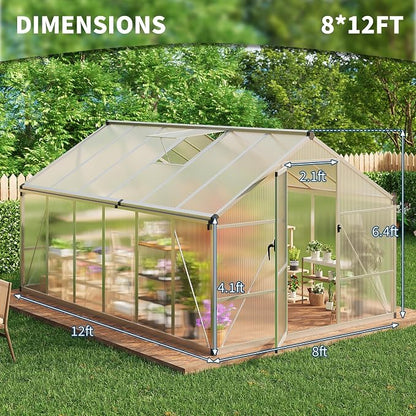 8x12 FT Greenhouse for Outdoors, Polycarbonate Greenhouse with Roof Vent, Ground Nails, Lockable Push Door, Aluminum Large Walk-in Green House for Outside Garden Backyard, Patio, Lawn, Silver