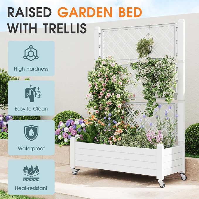 Elevated Raised Garden Bed with Wheels,Medium Ashen-61.2" h | Resin Planter Box with Drainage Holes, Water Monitor, Wheels for Garden Patio Backyard