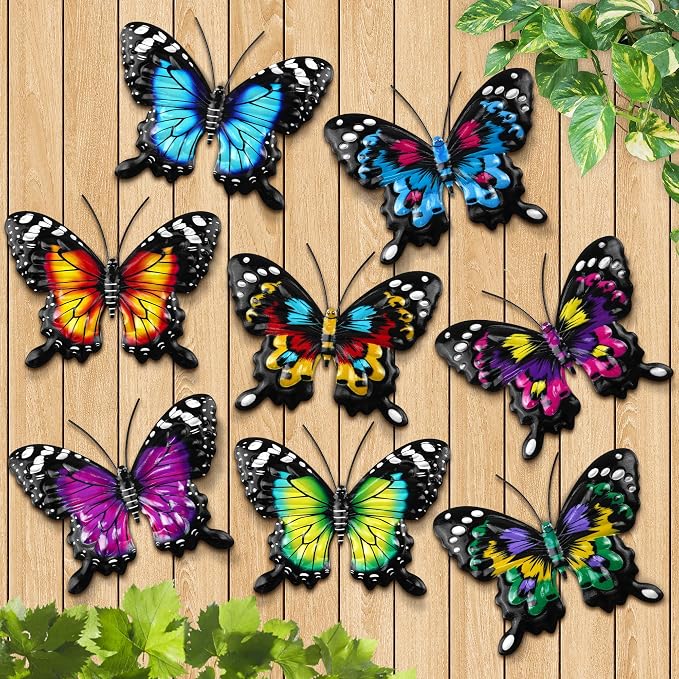 8 Pack Metal Butterfly Wall Decor, 6.7" 3D Outdoor Fence Wall Art Decor, Butterflies Wall Sculpture Hanging Decorations for Garden Yard Living Room Bedroom Patio Balcony, Gifts for Mom Friends