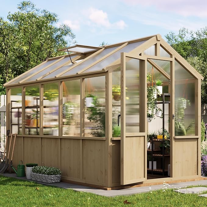 Garvee 6x10 FT Wooden Greenhouse - Walk-in Greenhouses for Outdoors, Large Spruce Frame Green House with PC Panels, Adjustable Roof Vents & Lockable Door, Green Houses for Garden,Backyard,Patio,Lawn