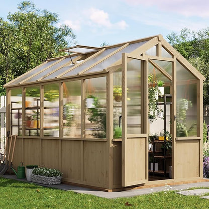 Garvee 6x10 FT Wooden Greenhouse - Walk-in Greenhouses for Outdoors, Large Spruce Frame Green House with PC Panels, Adjustable Roof Vents & Lockable Door, Green Houses for Garden,Backyard,Patio,Lawn