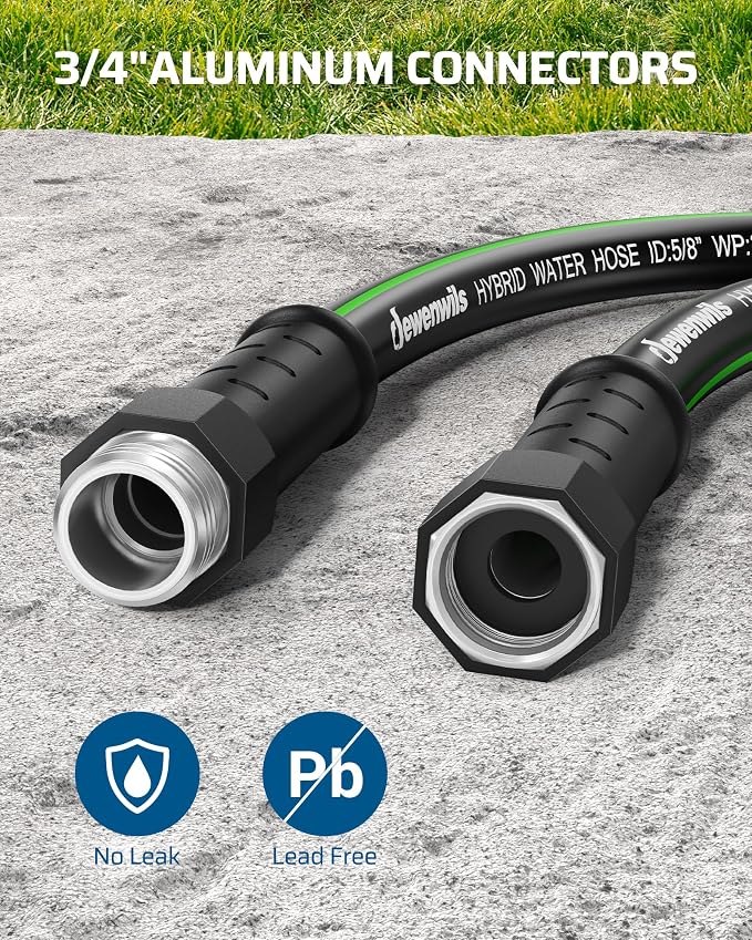 DEWENWILS Garden Hose 5/8" × 50ft, Heavy Duty, Flexible, Lightweight Hybrid Water Hose with Swivel Handle in Solid Aluminum Fittings, No Kink, CE & RoHS Listed, Black+Green