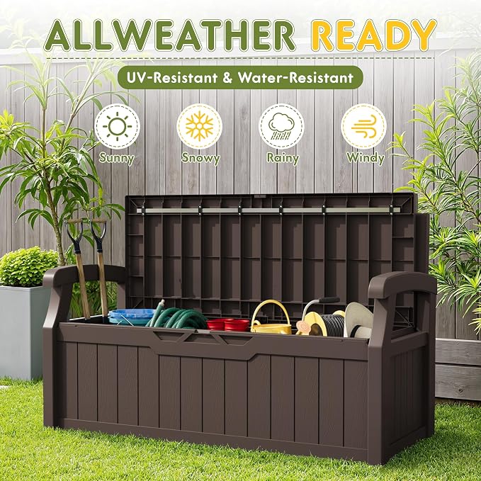 Greesum 80 Gallon Outdoor Storage Bench Deck Box with Cushion & Armrest, Lockable, Waterproof UV Resistant, Comfortable Seating for Patio, Pool, Garden, Brown