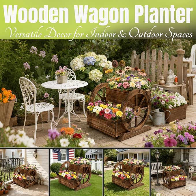 NestNature Wooden Wagon Planter Box|Raised Garden Bed W/Wheels for Plants | 2 Tier Classic Rustic Flower Pot Use Indoor&Outdoor Decor On Patio,Porch,Garden-Outdoor Planter For Flowers,Herbs,Vegetables