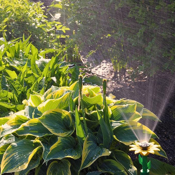 Melnor 65194AMZ Daisy Multi-Adjustable Spike Sprinkler Kit, Covers Up to 1,800 Sq. Ft., 3 Adjustable Sprinklers, 2 Included 15-Ft. Hoses, Quick Connect Bundle, Green, Orange, Pink, Yellow