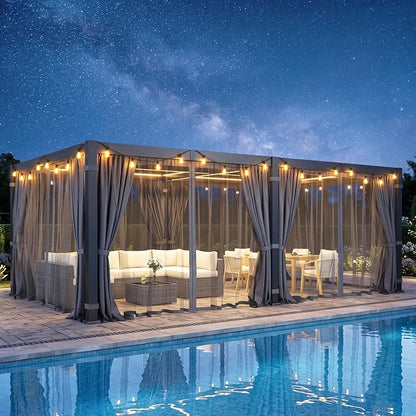 12' x 20' Louvered Pergola, Outdoor Pergola with Curtains & Netting, Aluminum Frame Patio Pergola with Adjustable Louvers Roof & Gutter System, Hardtop Gazebo for Patio, Deck, Garden, Yard, Dark Gray