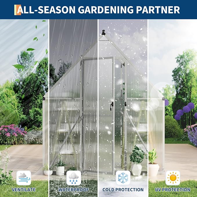 GarveeLife 6X4FT Polycarbonate Greenhouse with Aluminum Frame, Polycarbonate Greenhouse for Outdoors, Greenhouses with Ventilation, Aluminum Large Walk-in Greenhouses for Outside
