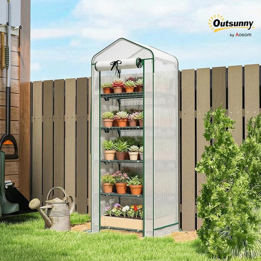 Outsunny 5 Tier Mini Greenhouse with Screen Roof, 27.6" x 19.7" x 75.6", Portable Small Greenhouse with High Strength PE Cover, Roll-Up Zipper Door for Garden Yard Backyard, White