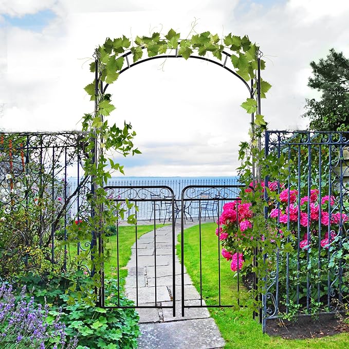 Outsunny 84" Garden Arch Arbor with Gate, Metal Arch Trellis, Garden Archway for Climbing Vines, Wedding Ceremony Decoration, Flourishes & Arrow Tips, Black