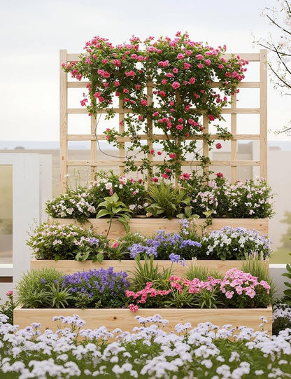 Vertical Wooden Garden Planter with Trellis – 3-Tier Raised Bed for Climbing Plants, Vegetables, Herbs & Fruits – Open Base Design for Improved Drainage – Ideal for Patio, Deck, or Backyard