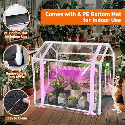 Meonum Mini Greenhouse with Grow Light, 23.6" L x 15.7" W x 19.6" H Portable Greenhouse with Waterproof Bottom Mat, Timer, 3 Light Color Mode for Indoor Outdoor Seed Starter Tray (Mini House Shape)