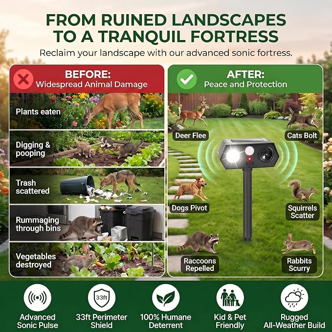 2026 Upgraded Solar Animal Repellent Deer Repellent Outdoor Waterproof Pest Deterrent, Cat Raccoon Skunk Squirrel Rabbit Repellent for Yard Garden Farm,Waterproof IP65, Motion Detection,4 Pack Black