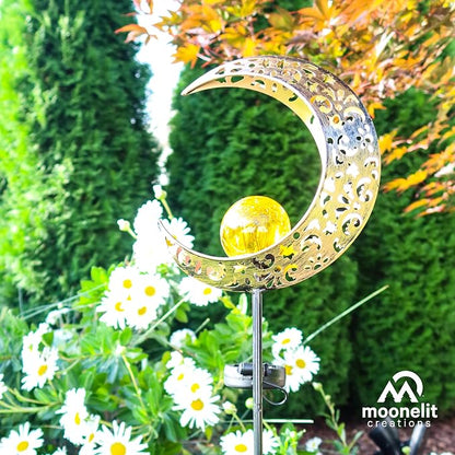 MCSSMOON Solar LED Crescent Moon Garden Light – Waterproof Metal Stake with Crackled Glass Globe