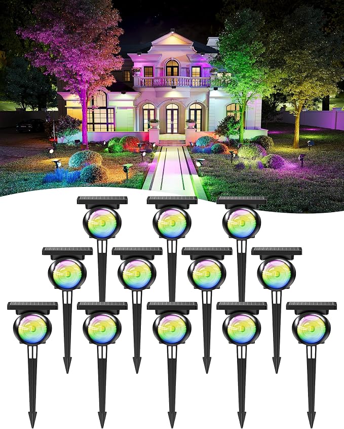 Focusing Solar Spot Lights Outdoor Waterproof, RGB+3CCT Tree Uplights 12Pcs | Multicolor Focused Lens Spotlight, Dusk-to-dawn Light, Stake or Wall Mounting for Yard Landscape Garden Path Halloween Decor