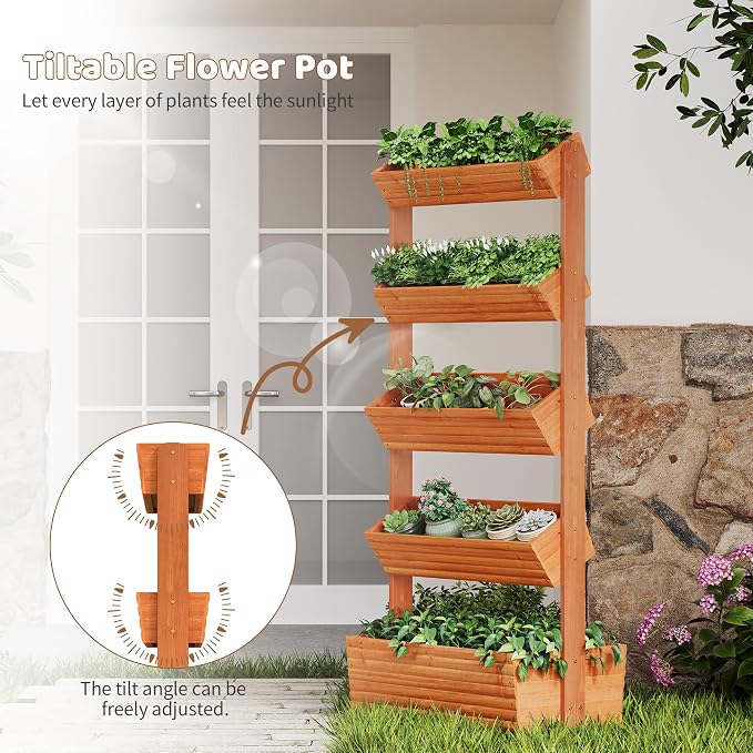 Wooden Raised Garden Bed Vertical Planter Box, Freestanding Plant Stand for Indoor Outdoor Plants, Herbs, Flowers, Vegetables, Gardening (Reddish Brown, 5-Tier，29.9 x 17.9 x 68in)
