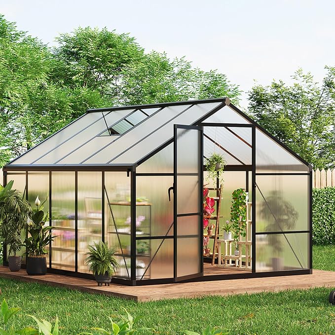 8x10 FT Greenhouse, Greenhouses for Outside, Polycarbonate Greenhouse with Aluminum Frame, Lockable Door and Ajustable Roof Vent for Backyard, Green Houses for Outside Garden Backyard, Patio