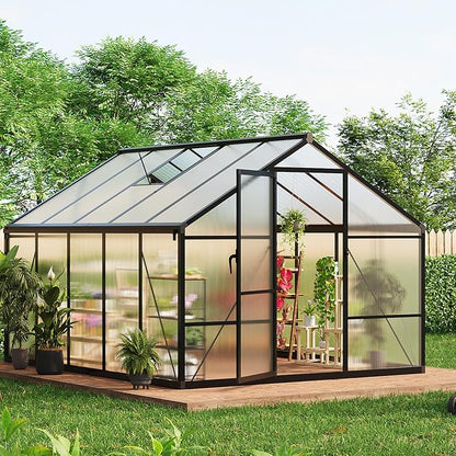 8x10 FT Greenhouse, Greenhouses for Outside, Polycarbonate Greenhouse with Aluminum Frame, Lockable Door and Ajustable Roof Vent for Backyard, Green Houses for Outside Garden Backyard, Patio