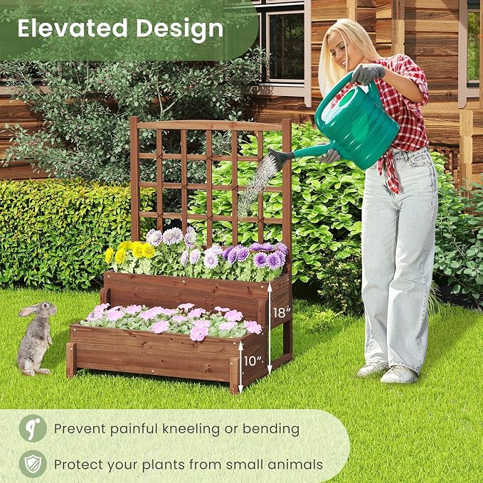 DREAMADE Fir Wood Raised Garden Bed with Trellis, 2-Tier Wooden Elevated Planter Box w/Drainage System, Garden Trellis for Flower, Vegetable, Fruit & Herb (2)
