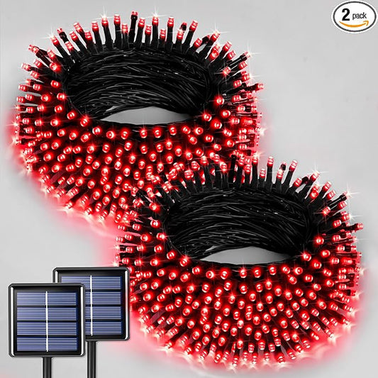 JMEXSUSS 2 Pack Solar Halloween Lights Outdoor, Total 400 LED 151FT, Red | Outdoor Waterproof, 8 Modes Solar Christmas String Lights for Outside Patio Yard Garden Tree Christmas Halloween Decorations