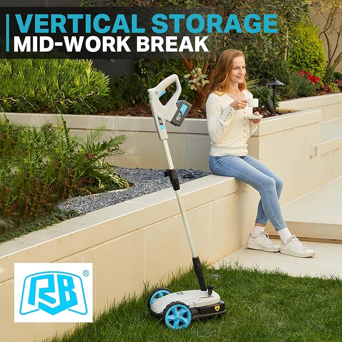 RB 40V 9" Mini Cordless Lawn Mower with Battery & Charger for Small Yards | Ultra-light with brushless motor. 3 cutting heights. One-hand steering. Upright storage for tiny spaces, small lawns, patios.