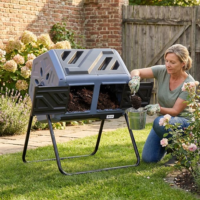 Werph 43 Gal Dual Chamber Compost Tumbler for Garden & Yard, Purple & Black | Fast Assembly, 43 Gal Dual Chambers & Aeration System, 360° Rotating Tumbler, for Garden, Kitchen, & Yard (Gloves Included)