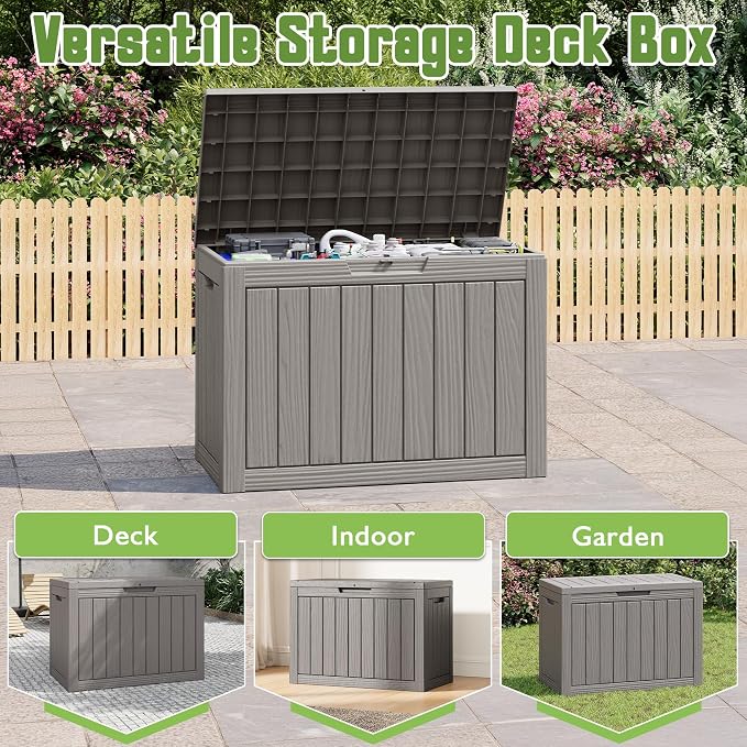 Outdoor Storage Box, 50 Gallon Deck Box with Lockable Lid, Waterproof Resin Storage Bin for Cushions, Garden Tools, Patio Furniture, Grey