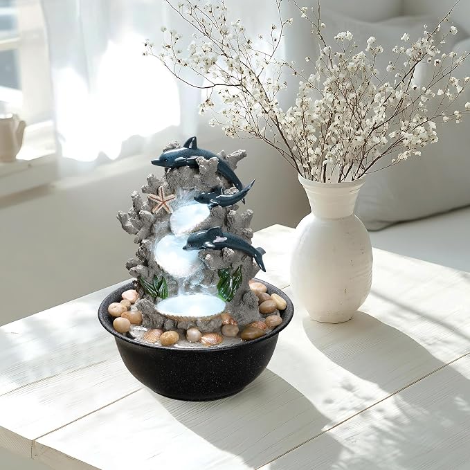 Indoor Tabletop Dolphin Water Fountain with LED Light – Ocean Theme Desk Decor and River Rocks, Relaxing Sound Machine for Sleep & Office, Zen Home Décor Gift for Women, Living Room Decoration