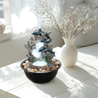 Indoor Tabletop Dolphin Water Fountain with LED Light – Ocean Theme Desk Decor and River Rocks, Relaxing Sound Machine for Sleep & Office, Zen Home Décor Gift for Women, Living Room Decoration