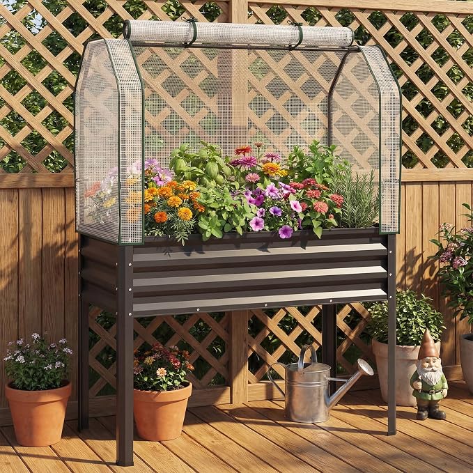 Giantex Raised Garden Bed with Legs & Greenhouse Cover, 44x22x60 Elevated Metal Planter Box with Roll-up Door, Outdoor Mini Greenhouse for Vegetable Flower Herb Patio Balcony (Black,2)