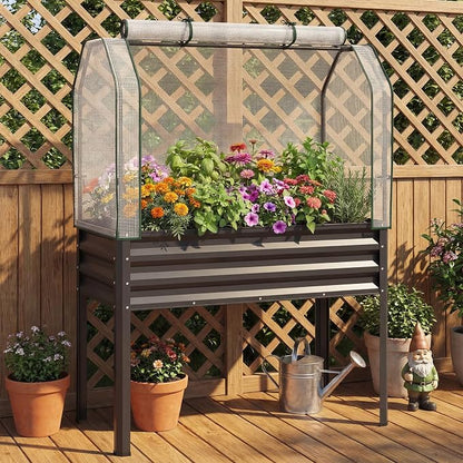 Giantex Raised Garden Bed with Legs & Greenhouse Cover, 44x22x60 Elevated Metal Planter Box with Roll-up Door, Outdoor Mini Greenhouse for Vegetable Flower Herb Patio Balcony (Black,2)