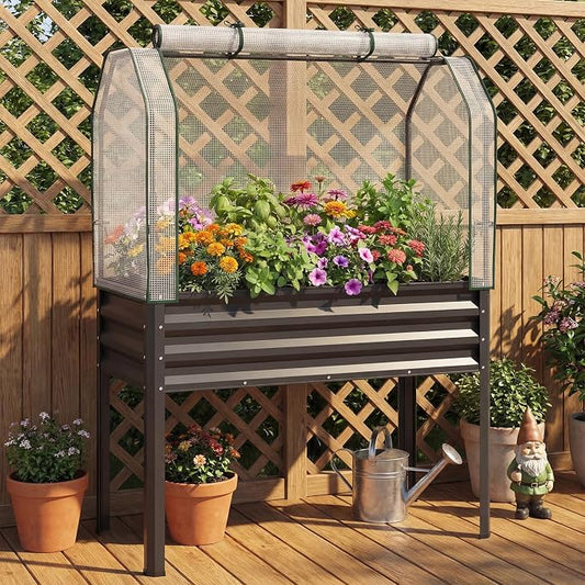 Giantex Raised Garden Bed with Legs & Greenhouse Cover, 44x22x60 Elevated Metal Planter Box with Roll-up Door, Outdoor Mini Greenhouse for Vegetable Flower Herb Patio Balcony (Black,1)
