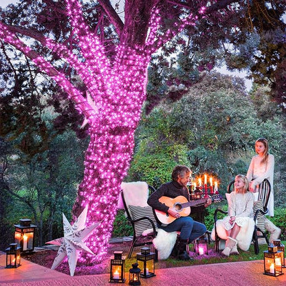 2 Pack Christmas Lights Outdoor, Total 200FT 600LED Christmas Tree Lights Indoor Waterproof, Plug in 8 Modes String Lights for Outside Bedroom Patio Garden Party Holiday Decorations, Pink