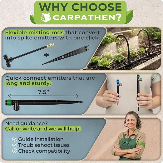 CARPATHEN Drip Irrigation System Kit - Pressure Optimised Garden Watering System w 15pcs 360° Atomizing Nozzles, 16 Adjustable Drip Emitters 5/16 and 1/4 Tubing - Complete Watering Spray System