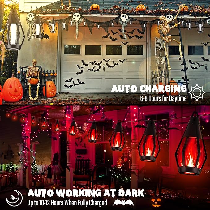 iBaycon 42Ft 15 LED Solar Flame Halloween String Lights, Red | Ultra-Real Flickering Flame Lamp Outdoor Waterproof, Solar Patio String Lights for Garden Yard Lawn Halloween Decorations