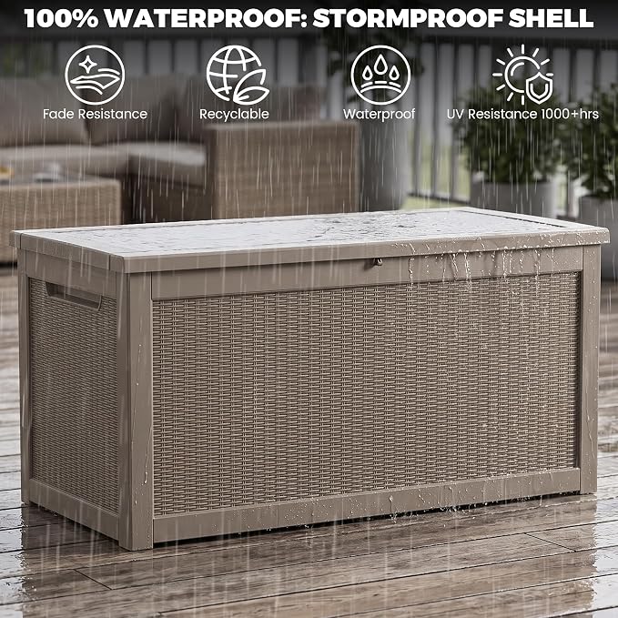 Outdoor Storage Box, 320 Gallon Waterproof Deck Box [Upgraded 3.1], Giant Resin Storage for King Cushions, Lockable Bench Chest, Estate Yard Garden BBQ Gathering, Grey