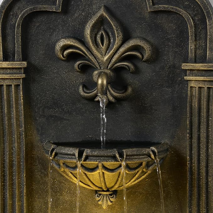 Teamson Home Fleur-de-lis Outdoor Water Fountain, Black & Gold | Warm Glow Lighting, Adjustable Flow, Electric Pump