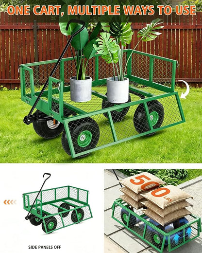 GarveeLife Heavy Duty Steel Garden Cart 500 LBS Capacity 3 in 1 Pullable Garden Wagon with 10 in Wheels for Gardening Soil, Tools, and Plant Transport
