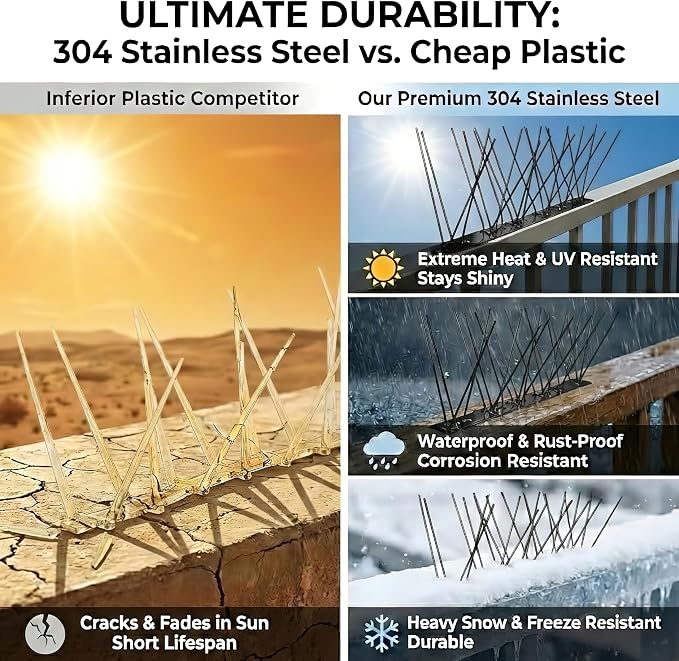 Stainless Steel Bird Spikes for Pigeons,Pre-Assembled,Anti Bird Deterrent Spikes for Woodpeckers, Squirrels, Raccoons，Weatherproof Fence Spikes for Roof, Railing,Patio, Black, 9.84 Feet