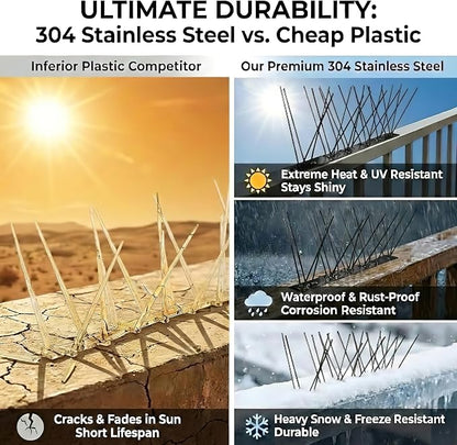 Stainless Steel Bird Spikes for Pigeons,Pre-Assembled,Anti Bird Deterrent Spikes for Woodpeckers, Squirrels, Raccoons，Weatherproof Fence Spikes for Roof, Railing,Patio, Black, 9.84 Feet