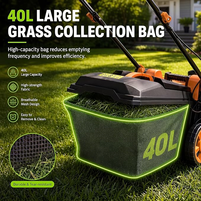 Garvee Cordless Lawn Mower, 17-Inch Battery Powered Electric Push Mower, 2-in-1 Mulching & Bagging, 6 Cutting Heights, 40L Grass Bag, Lightweight Walk-Behind Mower for Small to Medium Yards, Orange