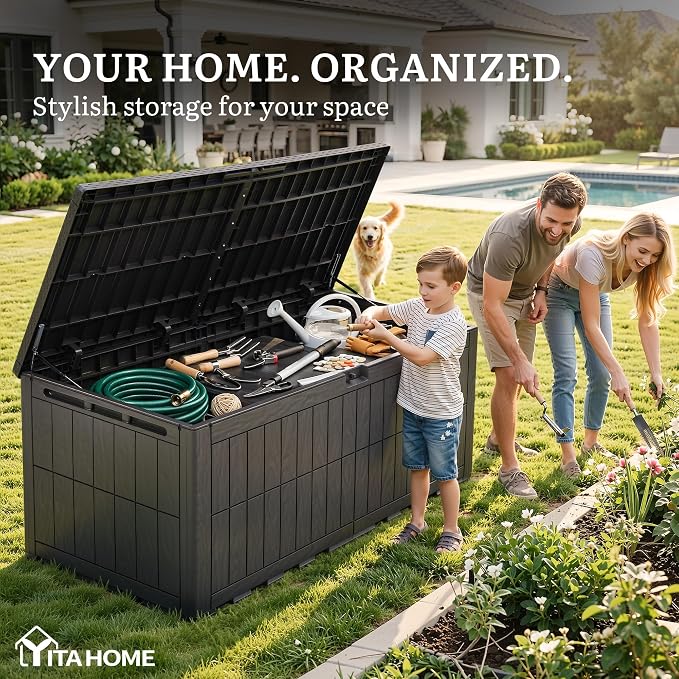 YITAHOME XXL 240 Gallon Extra Large Deck Box | Waterproof Resin Outdoor Storage Box with Lock and 3-Person Bench Seating for Patio Furniture Cushions,Garden Tools & Pool