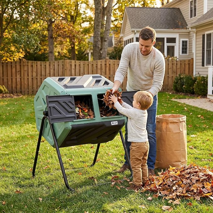 Werph 43 Gal Dual Chamber Compost Tumbler for Garden & Yard, Green & Black | Fast Assembly, 43 Gal Dual Chambers & Aeration System, 360° Rotating Tumbler, for Garden, Kitchen, & Yard (Gloves Included)