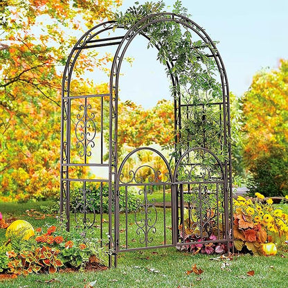 Plow & Hearth Arch Metal Outdoor Garden Arbor Double Gate | Montebello | 7 Feet Tall | Gunmetal Black | Steel Iron Trellis Lattice Climbing Plants & Heavy Vines