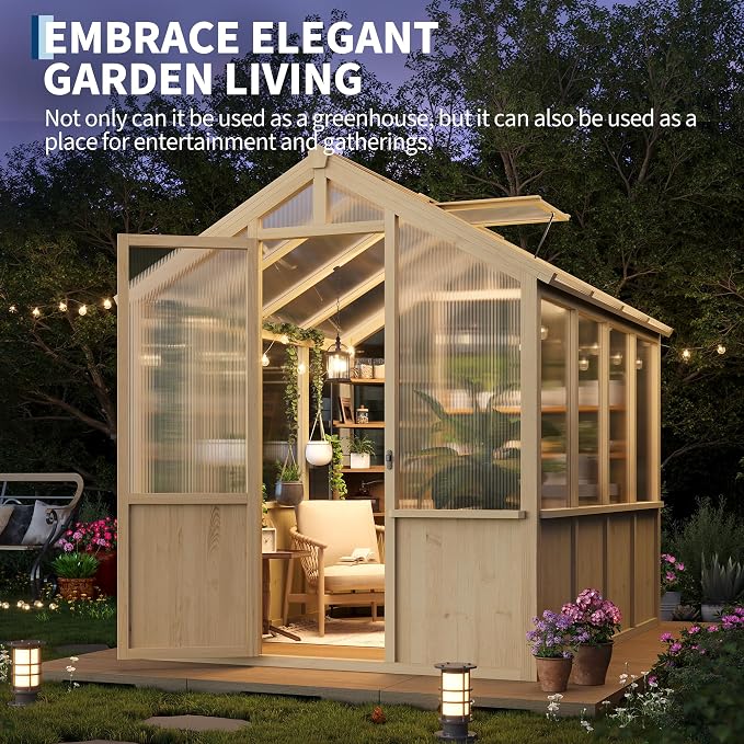 Garvee 6x8 FT Wooden Greenhouse - Walk-in Greenhouses for Outdoors, Large Spruce Frame Green House with PC Panels, Adjustable Roof Vents & Lockable Door, Green Houses for Garden,Backyard,Patio,Lawn